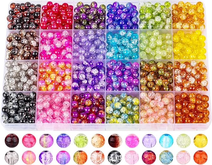 XSEINO About 1200+ PCS 6mm Cracked Style Glass Beads Bracelet Making Kit, 24 Assorted Colorful Crack Series Crystal Beads for Jewelry Making and DIY Crafts, Friendship Bracelets