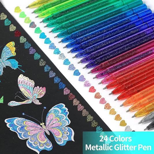 ZSCM 48 Pack Metallic Glitter Gel Pens Set, 24 Colors Sparkle Gel Pens with 24 Glitter Pen Refills in Canvas Bag for Adult Coloring Book Drawing Crafts Scrapbooks Journaling