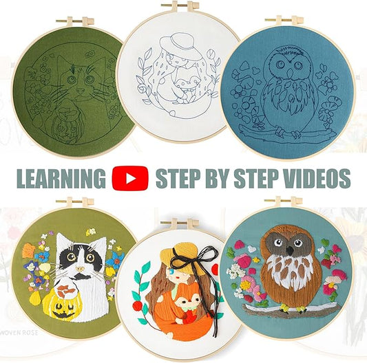 3 pack embroidery kit for beginners adults, adult starter cross stitch kit needlepoint complete diy kit with unique patterns, hoop, colorful threads, tools, step by step instructions & video tutorial