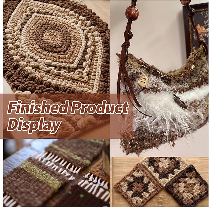 Hand Spun Art Yarn Kit - 6 Skeins 525 -Yard Vintage Style Blended Fibers with Wood Buttons & Crochet Hook for Knitting, Crochet, Textile Decorative, Tassels, Jewelry Making, Fiber Crafts (Coffee)