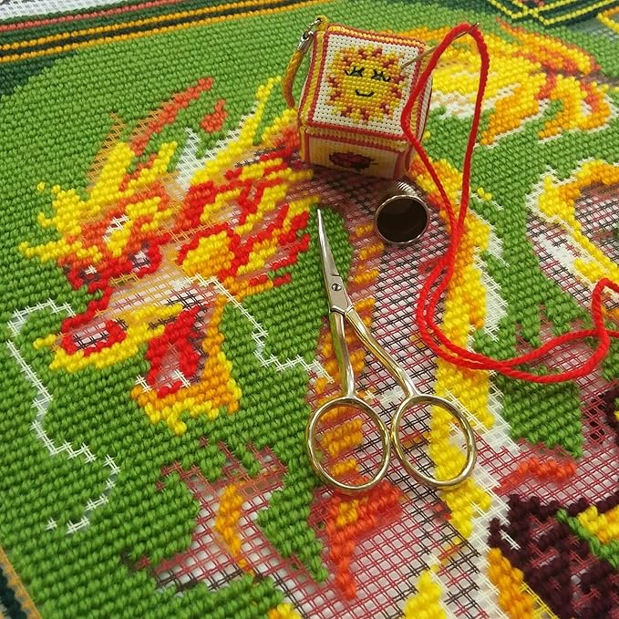 Brvsk Oriental Embroidery Kit for Adults and Beginners — Chinese Dragon 16″ × 16″ with Clear, Precise Printed Design on Cotton Canvas; Includes 2 Needles, Yarn, and Easy-Read Chart