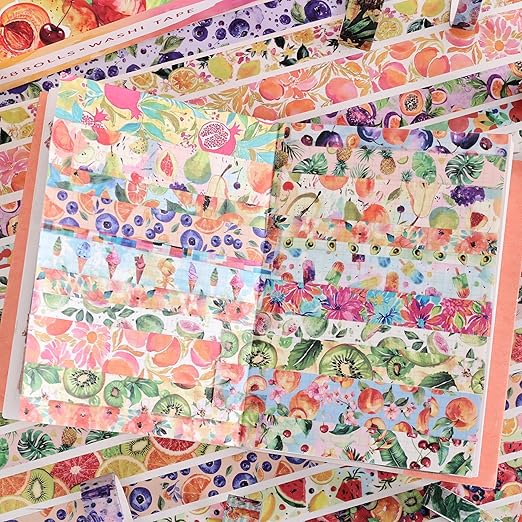 48 Rolls Summer Tropical Fruits Washi Tape Set, Vibrant Watercolor Fruit Coconut Decorative Tape, Bright Colorful Holiday Tape for Scrapbooking, Bullet Journaling, Junk Journal Supplies, DIY Art