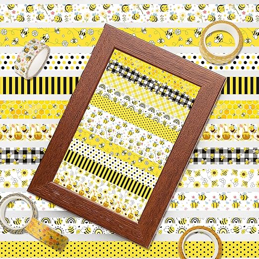 12 Rolls Bee Washi Tape Set, Bumblebee Daisy Masking Tapes, Yellow Black Plaid Polka Dot Decorative Washi Tape for Spring Summer Scrapbook Journal DIY Art Craft Gift Wrapping, 16.4FT