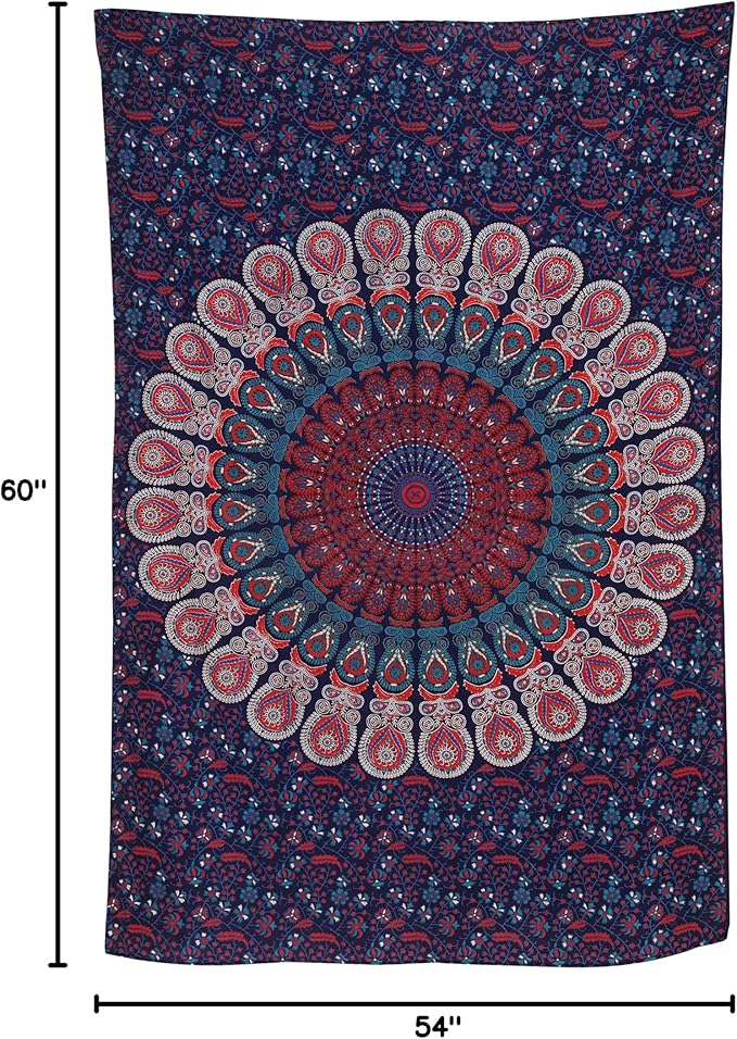 bless international handmade indian hippie bohemian psychedelic peacock mandala wall hanging college dorm beach throws table cloth bedding tapestry (midnight blue, medium(54x60inches)(137x152cms))