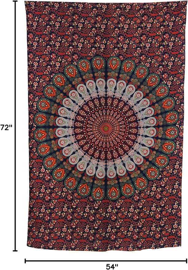 bless international handmade indian hippie bohemian psychedelic peacock mandala wall hanging college dorm beach throws table cloth bedding tapestry (golden red green, twin(54x72inches)(140x185cms))