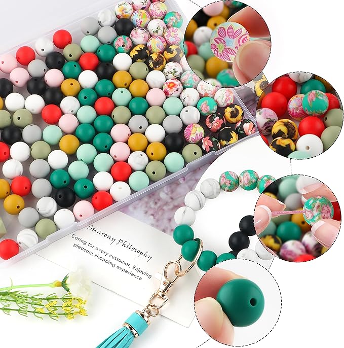 Sunrony 150pcs Silicone Beads for Keychain Making Bracelet Decoration and 15mm Silicone Beads for Pens (Floral)