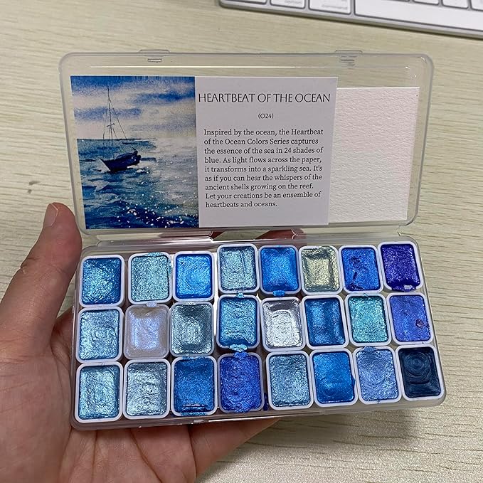 Mini Glitter Watercolor Paint Set with Paper, 24 Colors Shimmer Metallic Watercolour Painting Sets, Solid Pearl Water Color Paints for Adult, Blue 1ml (Heartbeat of the Ocean)
