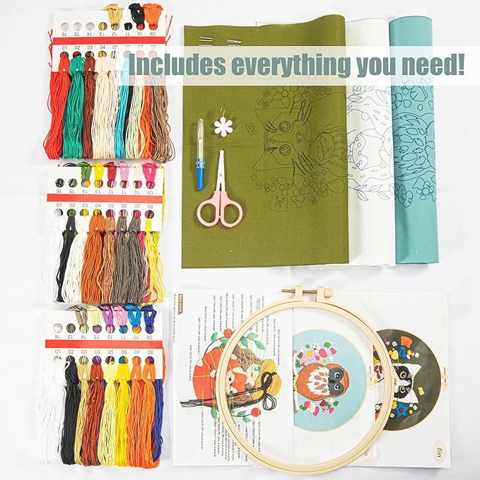 3 pack embroidery kit for beginners adults, adult starter cross stitch kit needlepoint complete diy kit with unique patterns, hoop, colorful threads, tools, step by step instructions & video tutorial