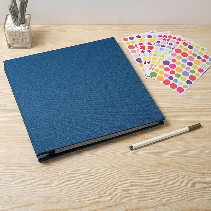 Photo Album Self Adhesive Scrapbook 3x5 4x6 5x7 6x8 Magnetic Album DIY Scrap Book 11x10.6 Inch 40 Black Sticky Pages Linen Cover DIY Photo Album(Blue)