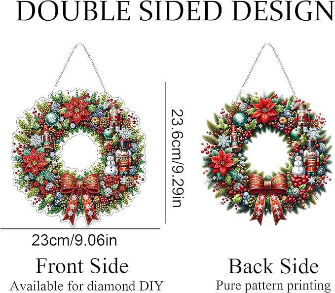 JJFox Diamond Art Hanging Kit for Adult,Special Shaped Rhinestone,Double Sided DIY Acrylic Diamond Art Painting Window Pendants Home Garden Wall Hanging Kits Hanging Ornament (Christmas Wreath)