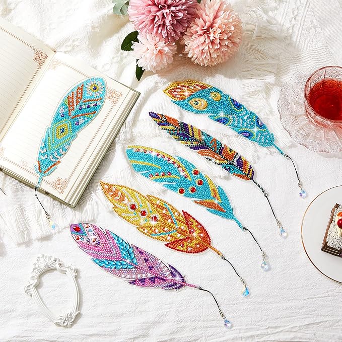 Henoyso 6 Pcs Diamond Painting Bookmarks Kits DIY 5d Feather Bookmark Rhinestone DIY Bookmarks Crystal Diamond Art Acrylic for Crafts Gifts Adult Arts Supply