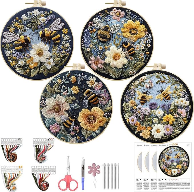 LB 4 Pack Yellow Bee Floral Embroidery Kit for Beginners Green Plant Beginner Embroidery Kit for Adults DIY Starter Kit with Embroidery Hoop Colorful Threads Tools Step by Step Instructions