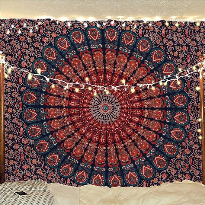 bless international handmade indian hippie bohemian psychedelic peacock mandala wall hanging college dorm beach throws table cloth bedding tapestry (golden blue, medium(54x60inches)(137x152cms))