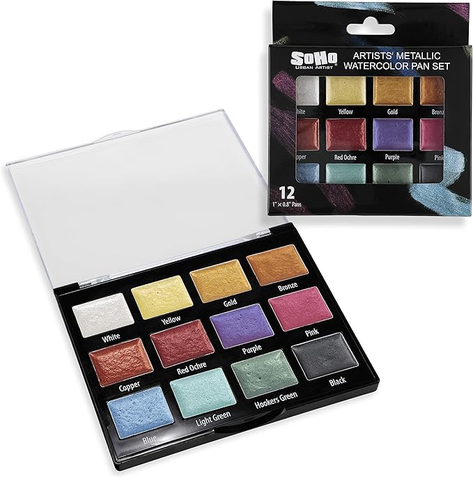Soho Urban Artist Metallic Watercolors Set – 12 Vibrant Metallic Half Pans in Travel Case – Professional Shimmer Watercolor Paint Set for Artists, Crafters & Mixed Media