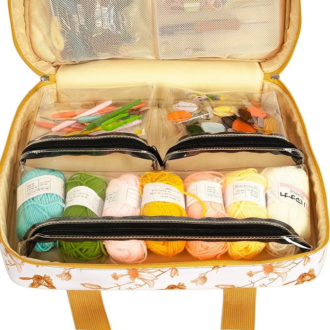 Portable Square Cross Stitch Starter Kits Bag Embroidery Project Bag Embroidery Tool Storage Tote Bag with Multifunctional Pockets, Bag Only (Bird Pattern)