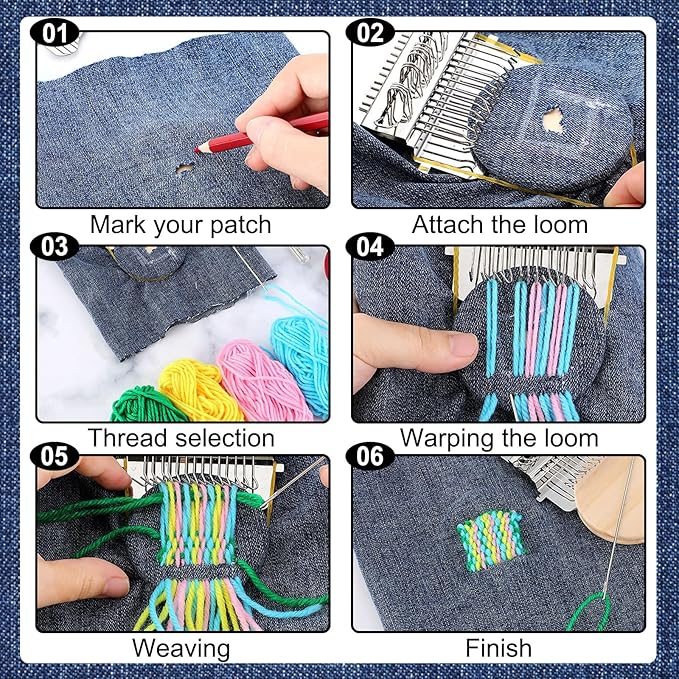 Mini Darning Looms Kit for Beginners, 14-Hook Wooden Weaving Tool with Stainless Steel Needles, Portable Knit Patch Repair Kit for Jeans Clothes Tapestries Scarves