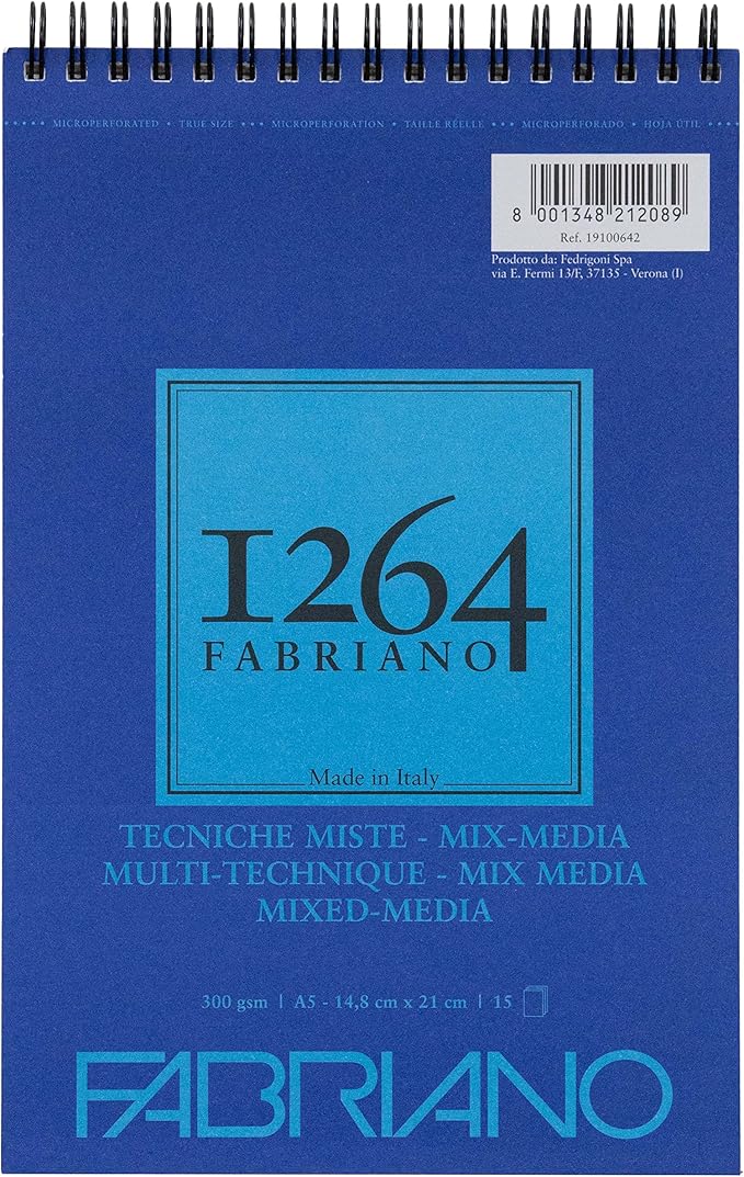 Fabriano Honsell 19100642 19100642-Fabriano Mix Media Spiral Pad 1264 300 g/m² DIN Natural White Medium Grain Paper Acid Suitable for All Different Techniques White A5 15 Sheets