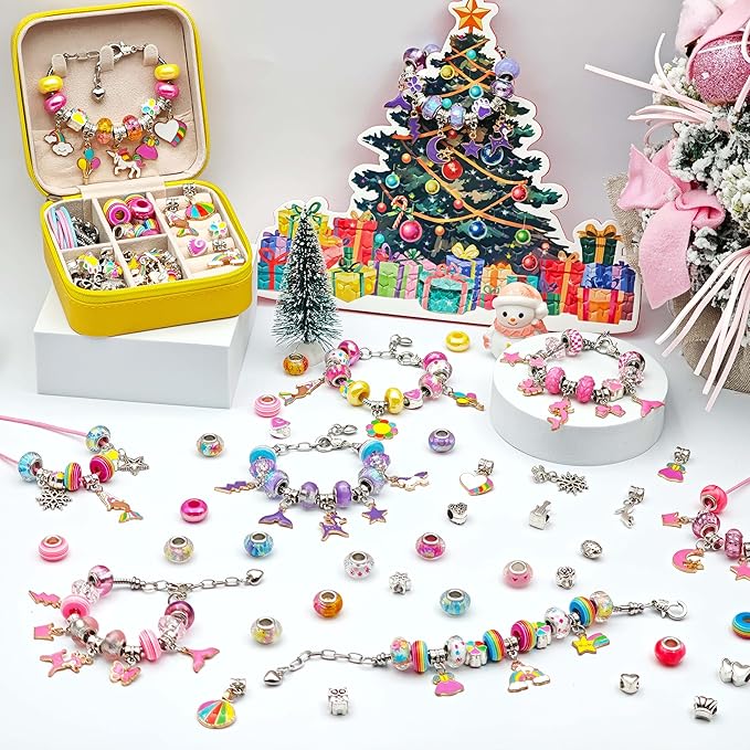 ONADEBY Charm Bracelet Making Kit - Colorful DIY Jewelry Making Kit for Girl, Friendship Bracelet Kit with Portable Jewelry Box for Birthday Christmas New Years Easter Valentine Craft Gifts