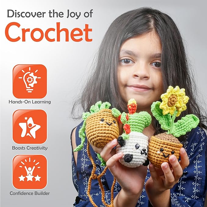 A-URA 3-in-1 Learn to Crochet Kit for Beginners Kids and Adults, Premium Pattern Sunflower, Panda Cactus, Hanging Pot Plant Beginner Crochet Kits with Easy Tube Yarn & Step-by-Step Video Tutorials