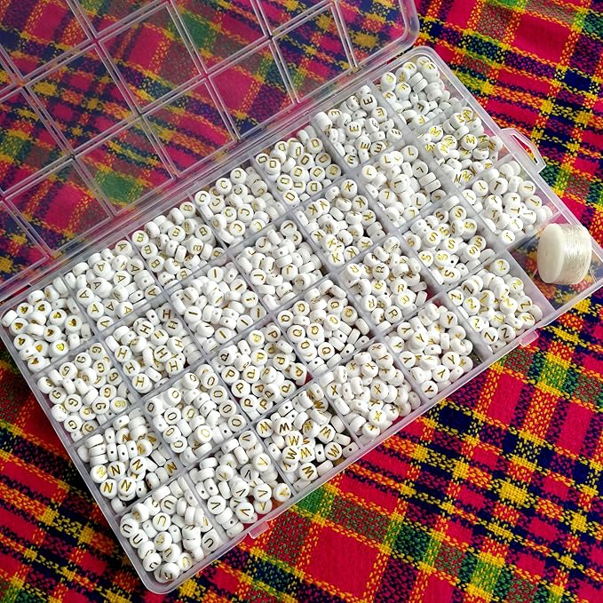 Looconi 1400pcs Letter Beads A-Z 4x7mm White On Gold Round Acrylic Alphabet Heart Beads and Beading Cord for Jewelry Making Bracelets Necklaces Key Chains