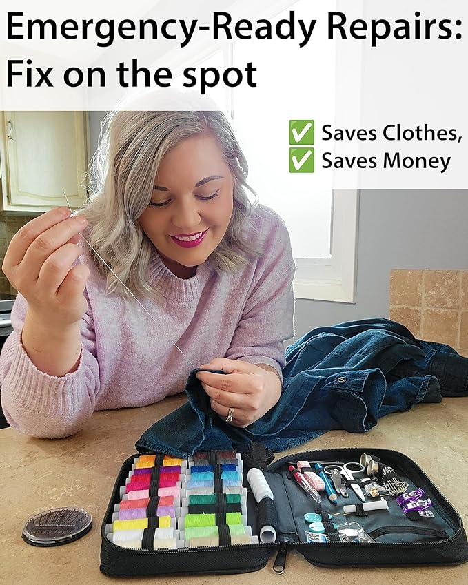 Vellostar Sewing Kit for Adults & Beginners – Portable Needle & Thread Travel Kit w/ 24 Thread Colors, Needles, Scissors & Tape Measure for Emergency Clothing Repairs, Buttons, Hemming & Home Mending
