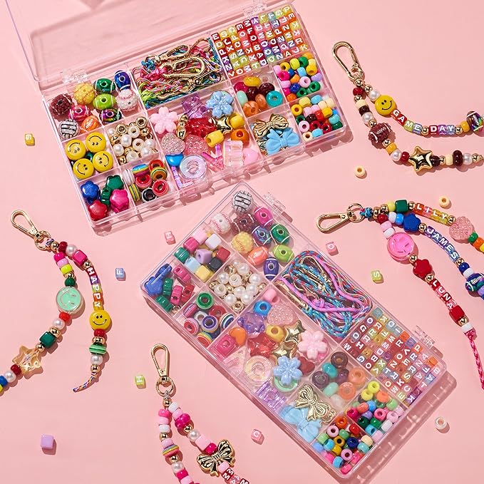 MYCUTEY DIY Keychain Making Kit-Beaded Keychain&Bag Charm Craft Supplies with Keyrings,Cords and Colorful Football,Letter,Heart,Pony Beads for Women Kids,Personalized Name A-Z Jewelry Making Kit Gifts