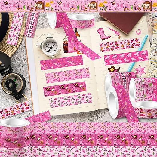 Cowgirl Western Washi Tape Set, 12 Rolls, Wild West Theme Decorative Masking Tape for Scrapbook, Party Supplies