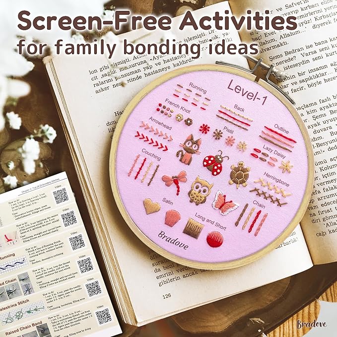 bradove beginner embroidery kit for adults kids, learn to embroider 37 stitches and 13 cute patterns, stitches kit, bead embroidery kit, beginner embroidery practice
