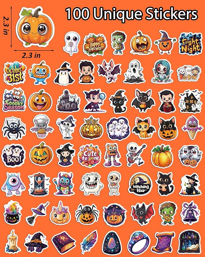 jcfire halloween stickers for kids, 100 pcs halloween party favors, waterproof cute vinyl stickers for water bottle crafts, party decorations supplies, goodie bags stuffers kids gift toys games treats