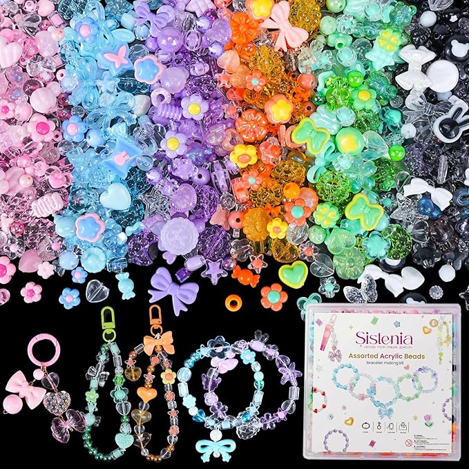480Pcs Assorted Beads Bracelet Making Kit with String, 6 Colors Cute Stuff Acrylic Charms for Jewelry Making Crafts Kawaii Bow Star Flower Shaped Bead for DIY Keychain Bag Lipgloss Charms
