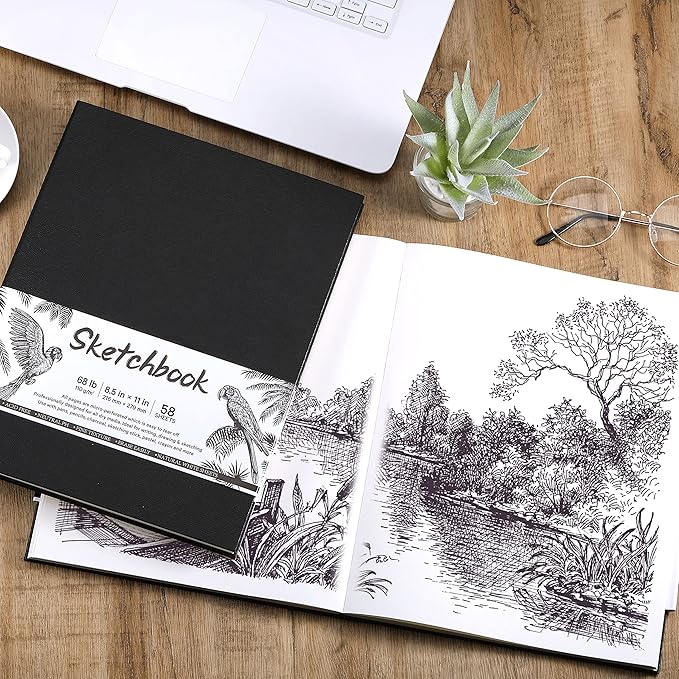 Sketchbook - Hardcover Sketch Pad, 8.5" x 11", Durable Sketch Book for Professional Adults, Artists and Amateurs, 68 lb/110 GSM, 58 Sheets, Use with Pens, Pencils, Sketching Stick