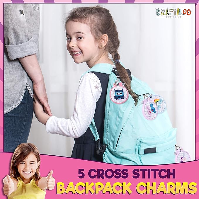 CRAFTILOO Cross Stitch Kit for Kids - 5 Easy Stamped Cross Stitch Kits for Beginners | Embroidery Kit for Girls Ages 7-13 | Needlepoint Craft Set, Backpack Charms & Keychains