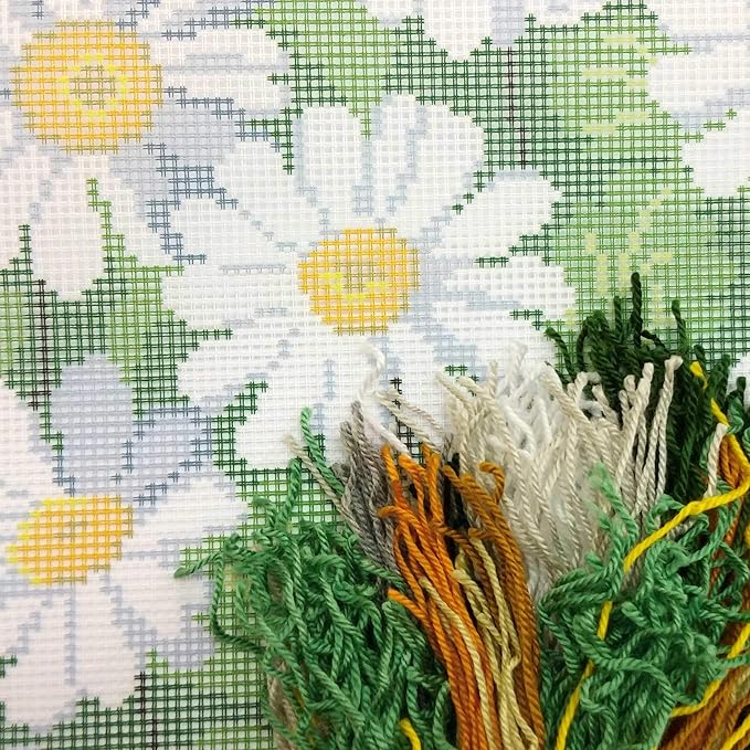 Brvsk Floral Embroidery Kit for Adults and Beginners — Daisies 16″ × 16″ with Clear, Precise Printed Design on Cotton Canvas; Includes 2 Needles, Yarn, and Easy-Read Chart