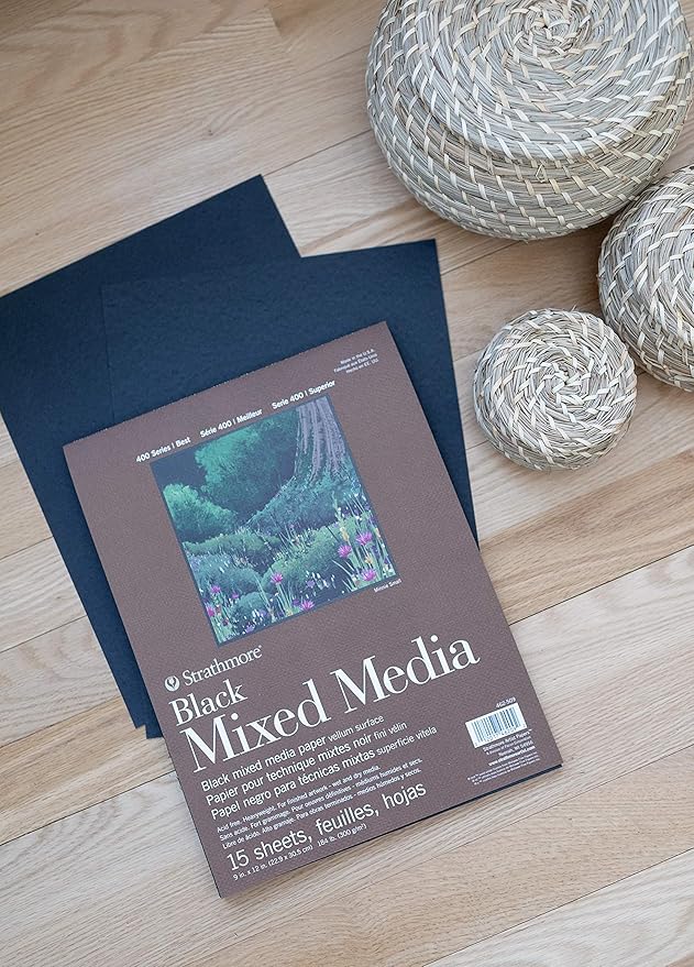 Strathmore 400 Series Mixed Media Paper, Black, Foldover Pad, 9x12 inches, 15 Sheets (184lb/300g) - Artist Paper for Adults and Students - Watercolor, Gouache, Graphite, Ink, Pencil, Marker