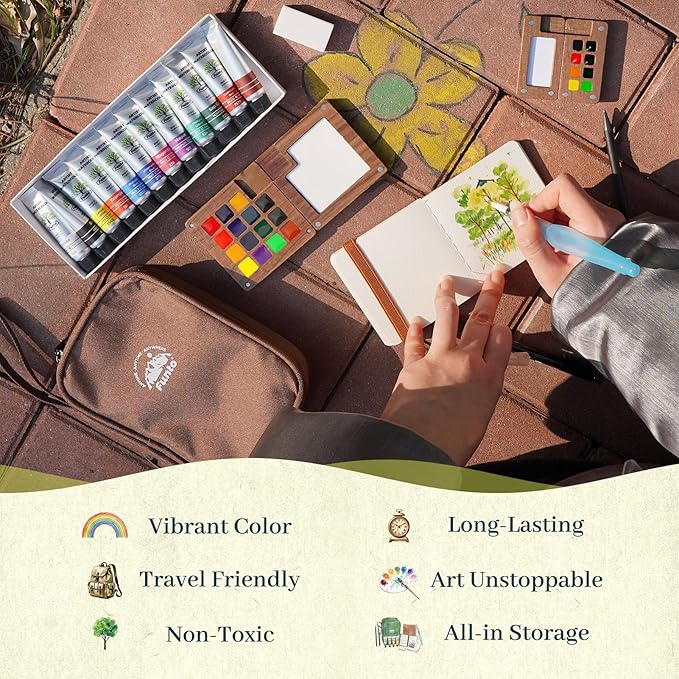 Funto Mini Watercolor Travel Set, 12-Color Refillable Travel Art Kit, All-in-One Mini Paint Supplies with Bag, Art Craft for All, Portable Water Color Paint for Beginners, lovers and Artists