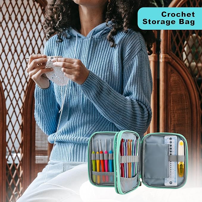 LOOEN Crochet Hook Case with Zipper and Web Pockets for Crochet Needles/Knitting Accessories - Lightweight Organizer Bag for Crochet Hook Kit Tools