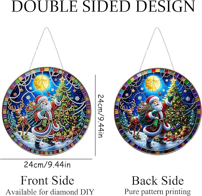 DIY Diamond Art Painting Wreath Kits,Special Shaped Rhinestone Hanging Ornament Diamond Art Window Pendants for Gift Home Garden Wall Hanging Kits,Double Sided (Santa Claus-1)