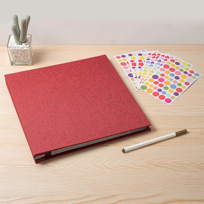 Large Photo Album Self Adhesive 4x6 8x10 10x12 13"x12.6" Scrapbook Album 12.6"x11" Inch 60 Black Sticky Pages Linen Cover Magnetic Photo Album with A Metallic Pen and DIY Stickers(Red)