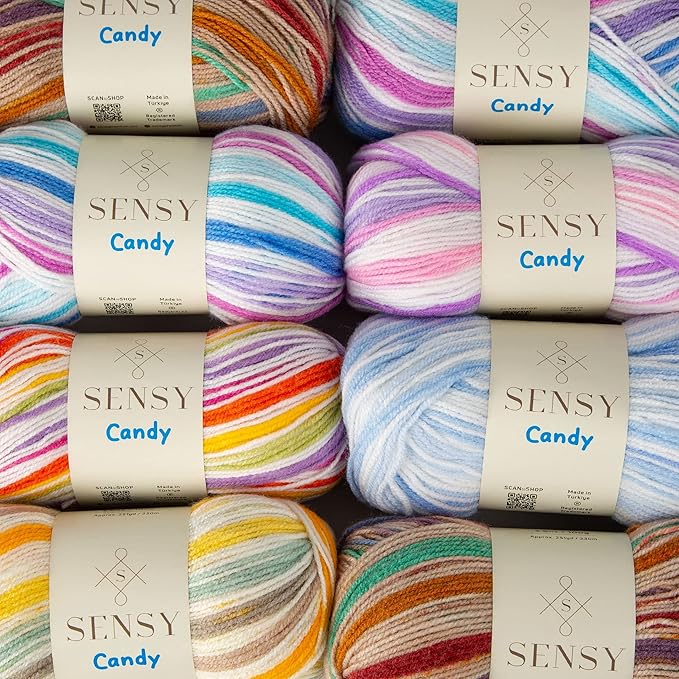 Sensy Candy Yarn - 5 Skeins, 3.5 oz, 251 Yards, Multicolor for Crocheting and Knitting, Light Gauge 3