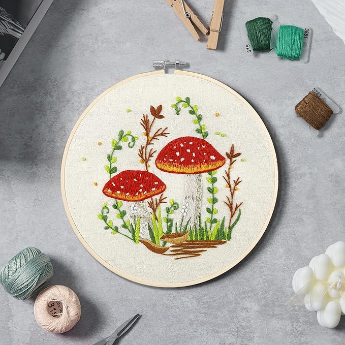 Bonroy 4 Sets Embroidery Kit for Beginners with Instructions,Cross Stitch Kits for Adults with Pattern,Needlepoint Kits for Adult Include Embroidery Cloth Hoops Needles Threads(Mushroom)