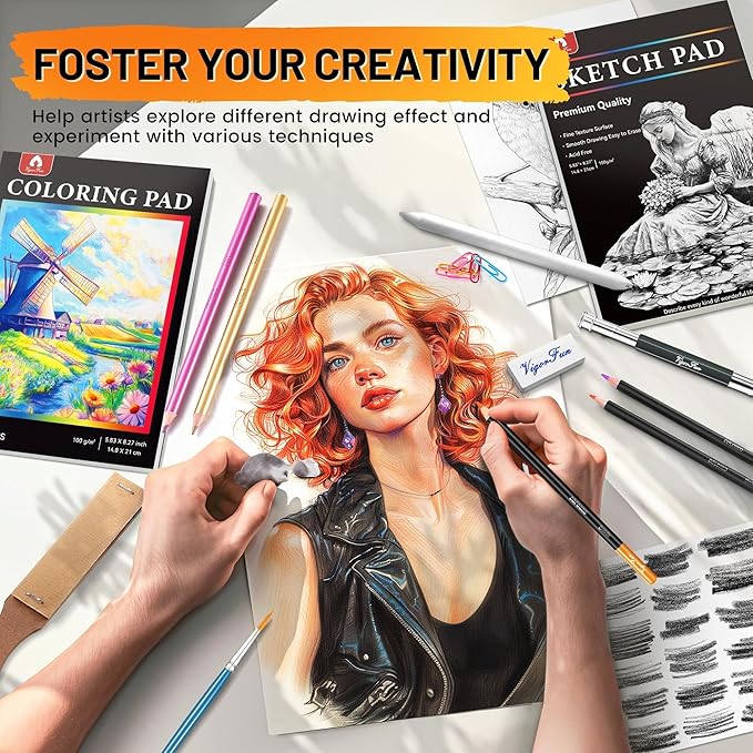 106 PCS Art Supplies Sketching Kit, Pro Drawing Pencils with 3-Color Sketchbook, Coloring Book, Colored Graphite Charcoal Watercolor & Metallic Pencils, Drawing Supplies Gifts for Artists Adults