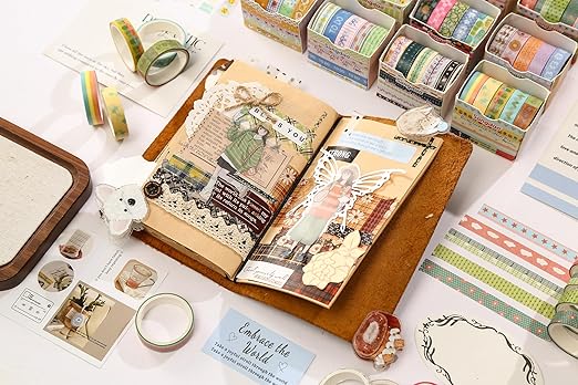 60 Rolls Cute Washi Tape Pack Basic Mini Adhesive Tapes Stars, Plaids, Florals, Grids & Dots Patterns Decorative Masking Tape Sets for Craft, Kids, Scrapbook, DIY, Gift Wrapping (Kawaii)