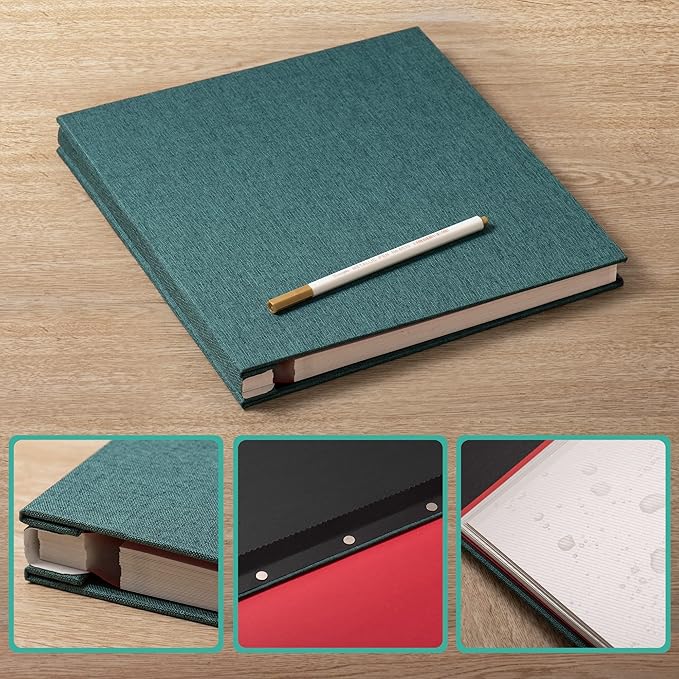 Large Photo Album Self Adhesive 4x6 5x7 6x8 8x10 Pictures Scrapbook Magnetic Album DIY Scrap Book 60 Sticky Pages Linen Cover DIY Photo Album with A Metallic Pen and DIY Accessories(Drak Green)