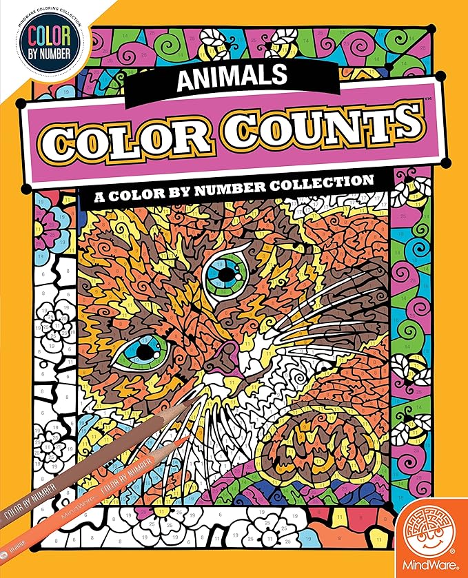 MindWare Color by Number Color Counts Animals - Animal-Themed Coloring Book for Kids and Adults, 22 Hidden-Image Designs, Ages 6 and Up