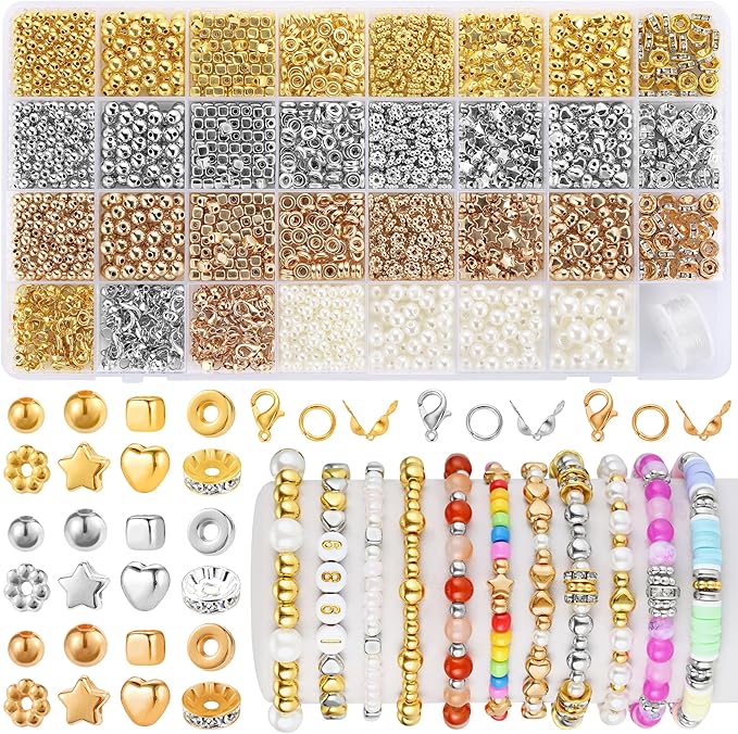 Funtopia Spacer Beads Bracelet Making Kit, 2320 Pcs Jewelry Making Supplies with Assorted Round Star Silver Gold Beads, Round Pearls and Lobster Clasps, DIY Crafts Necklaces Bracelets Earrings