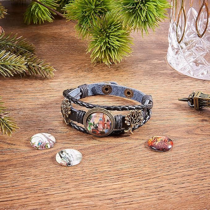 SUNNYCLUE DIY Braided Leather Bracelet Making Kit Multilayer Rope Bangle Cuff Wristband with Blank Alloy Cabochon Bezel Tray, Clear Glass Cabochon 18mm, Button Adjust, Tree