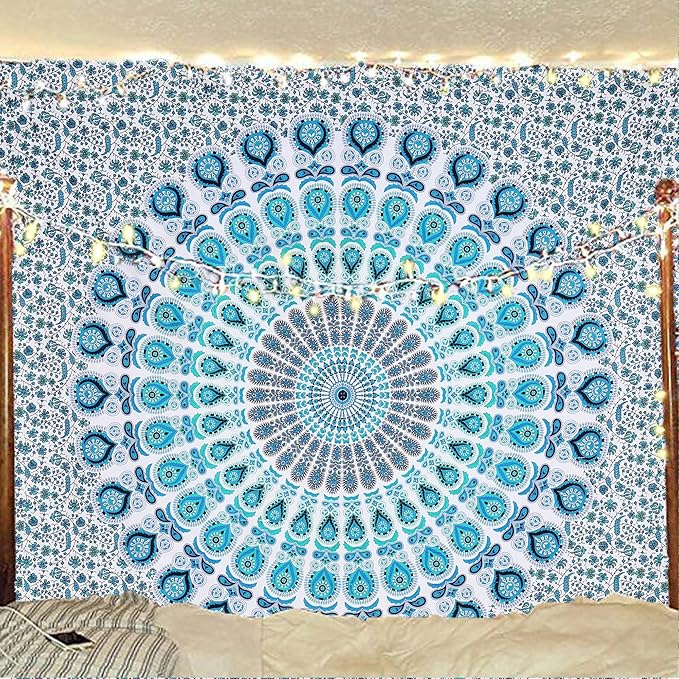 bless international handmade indian hippie bohemian psychedelic peacock mandala wall hanging college dorm beach throws table cloth bedding tapestry (peacock sky blue, king(88x104inches)(225x265cms))