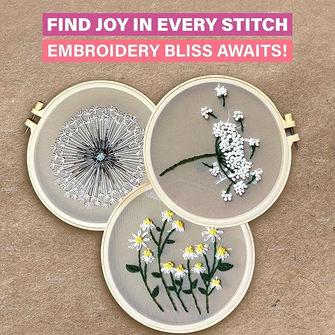 Clear Background Embroidery Kit for Beginners โ DIY Hand Embroidery Kit with 3 Hoops, Stamped Patterns, Needles, Thread, Scissors โ Minimalist Embroidery Set for Adults, Teens, Women, Craft Lovers