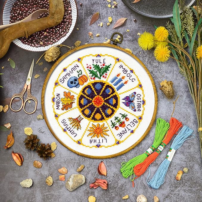 Povitrulya Counted Cross Stitch Kit Wheel of The Year - DIY Hand Embroidery Set, Pagan Celtic Wiccan Calendar, Pattern with Witchy Design for Adults, Norse Home Decor, Halloween Seasonal Gift