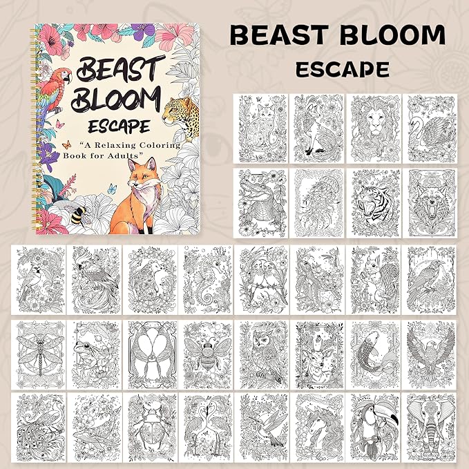 Adult Coloring Book Set with 36 Markers, Spiral Bound Floral & Animal Designs, Relaxing Creative Coloring Book for Adults, Valentine’s Gifts for Her